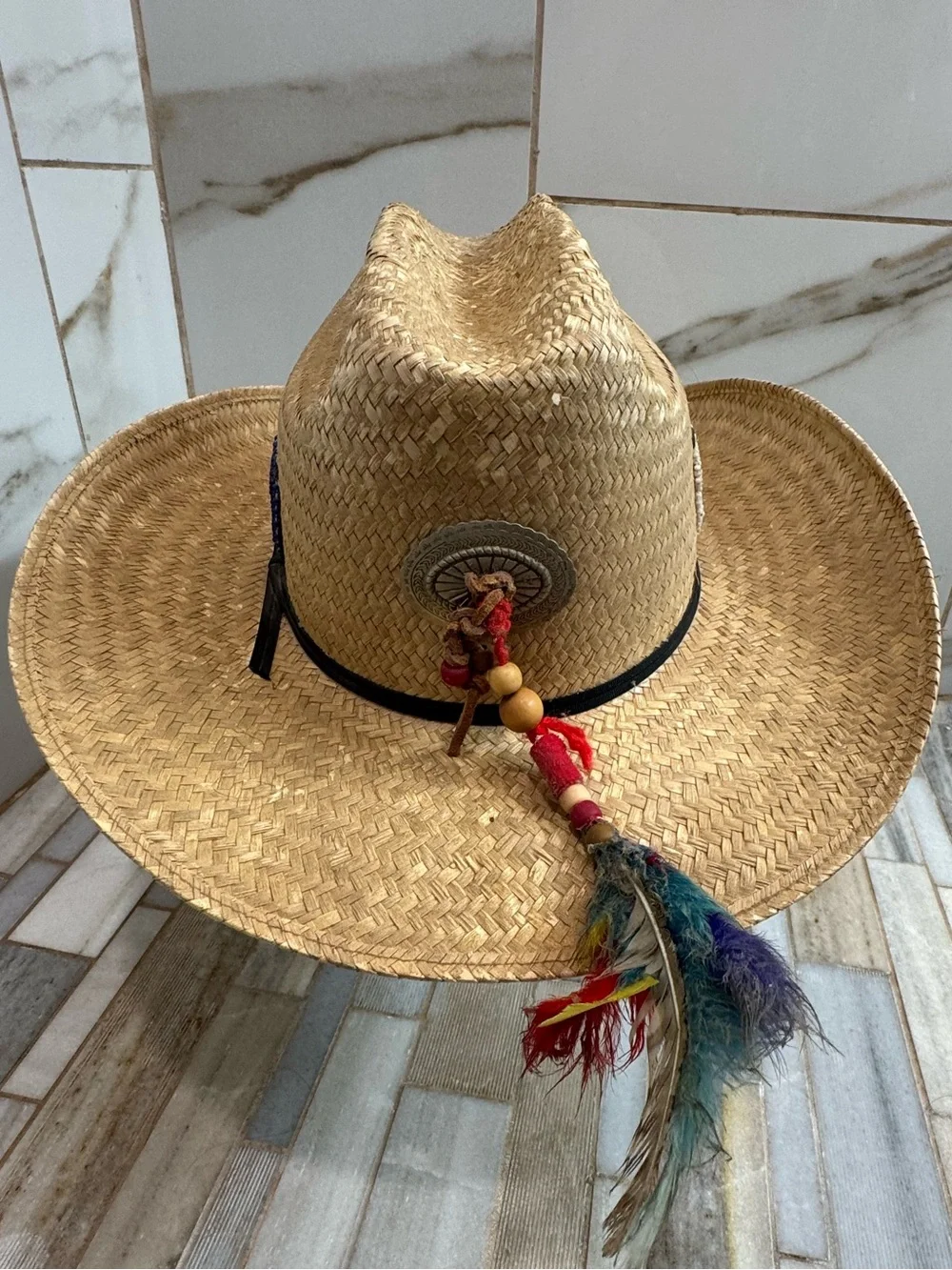Texas hat Company Straw Cowboy Hat Oodahekrwees Tribe Beaded Thunderbird  7 1/8